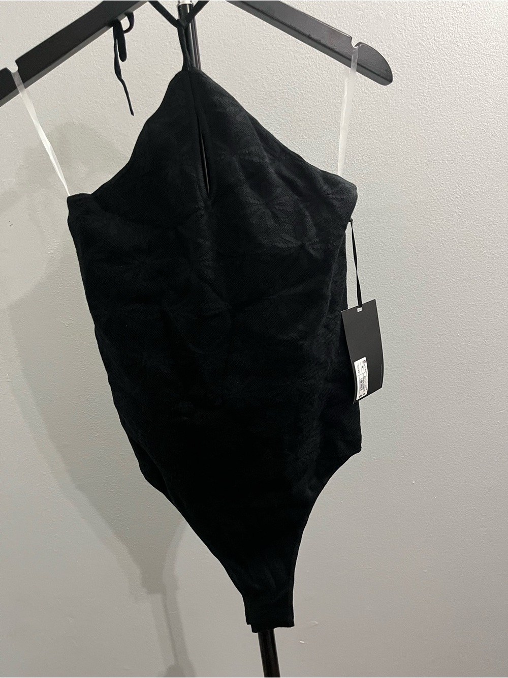 Black Halter Bodysuit with textured floral fabric